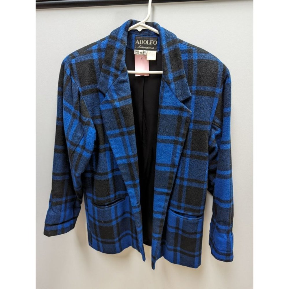 Adolfo International Vintage Blue/Black Plaid Wool Jacket